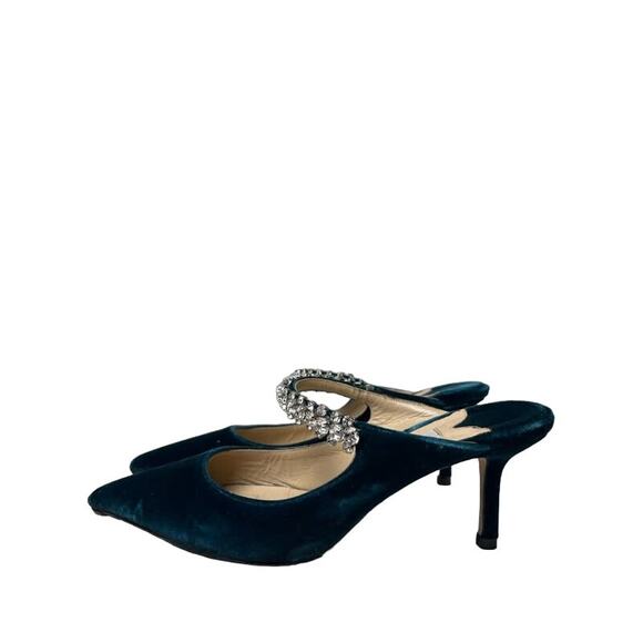 JIMMY CHOO Blue Velvet Crystal Strap Bling Pointed Toe Mules Heels 37.5 US 7.5 - Picture 4 of 8